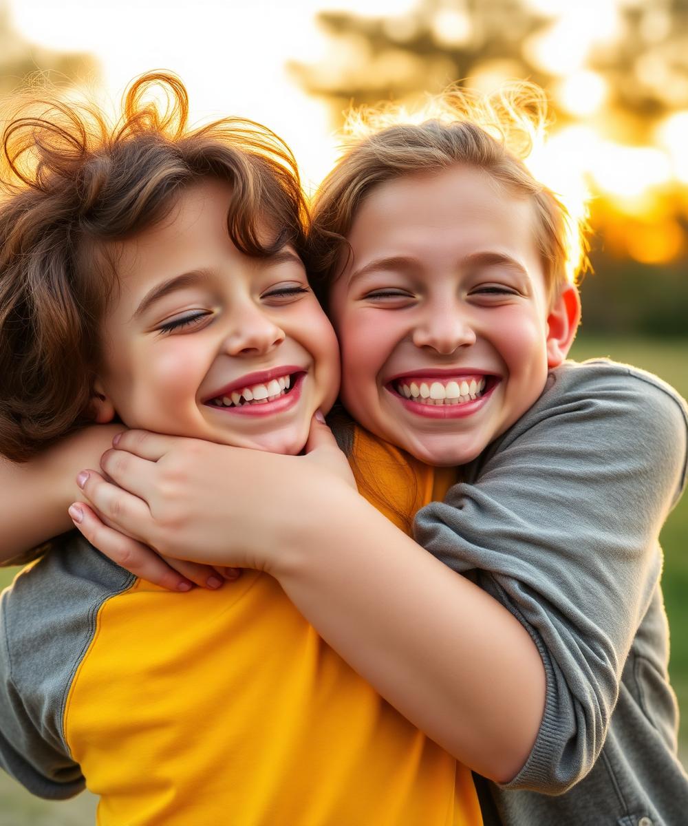 Two friends embracing and laughing at sunset