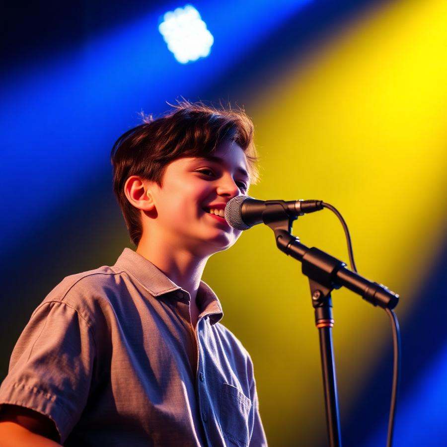 Young musician performing on stage under blue and gold lights
