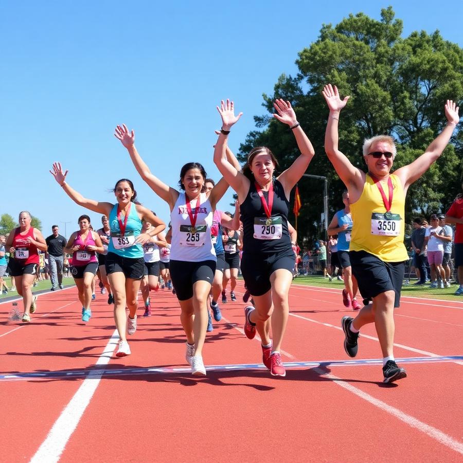 Runners crossing finish line with arms raised
