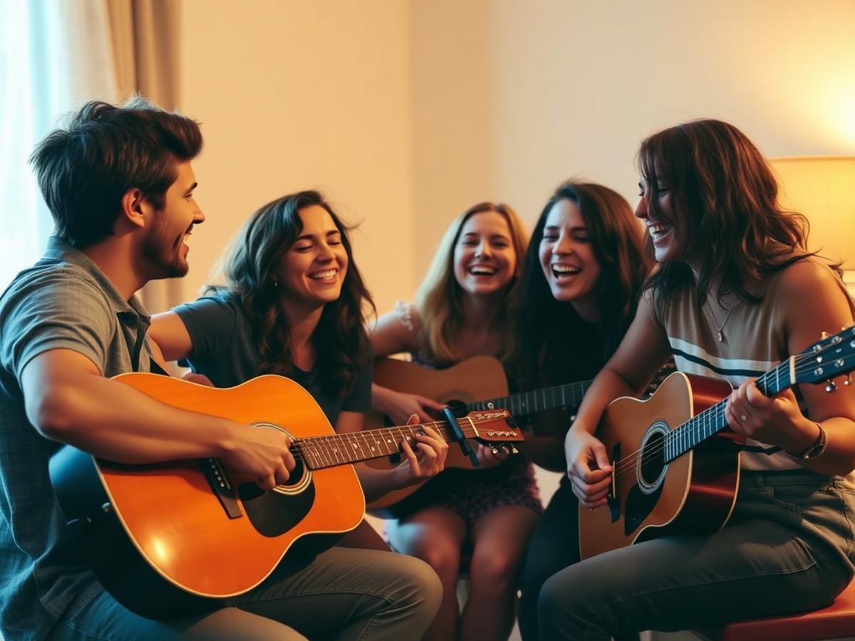Friends playing acoustic guitars and singing together
