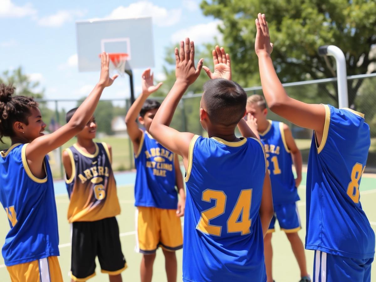 Inclusive youth basketball team celebrating with high fives